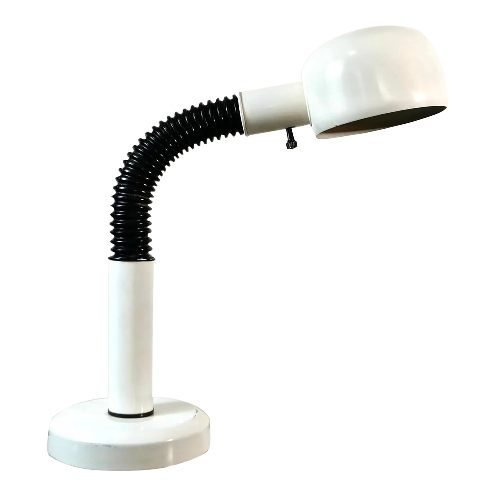 1970's Mid-Century Modern Space Age Desk Lamp: Vintage Midcentury Modern table lamp for sale. Manufactured in the 1970's by Alsy, and in great working order. It's made of metal in a white enameled finish with a black gooseneck that is flexible and
