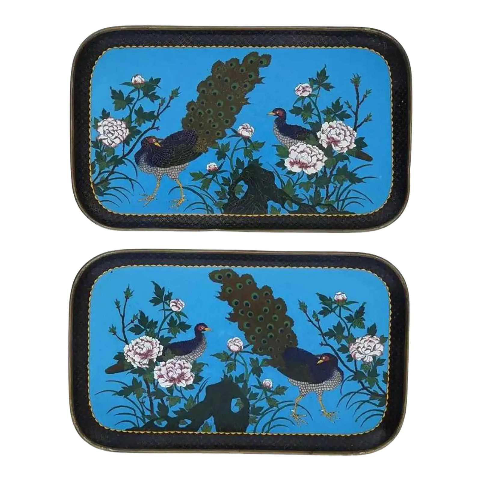 Antique Meiji Japanese Cloisonne Enamel Serving Trays With Peacocks - a Pair: A pair of matching antique Japanese copper serving trays with polychrome cloisonne enamel design. Meiji period, 1868 to 1912. Rectangular shape with rounded corners. Peacocks and peony flowers against