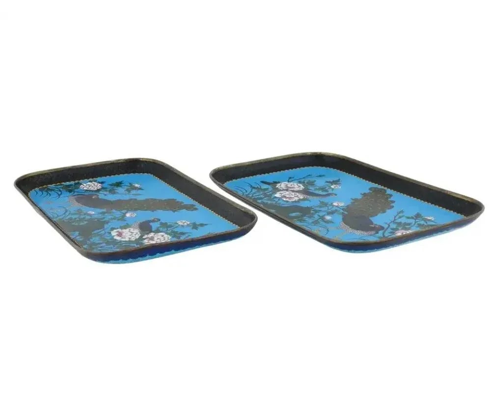 Antique Meiji Japanese Cloisonne Enamel Serving Trays With Peacocks - a Pair - 2
