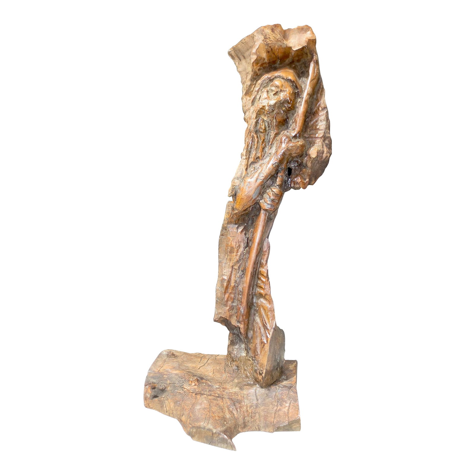 Moses Olivewood Carving by Ezra: Handcarve, Art Brut by Ezra. Moses with a staff carved out of the twisted knarling wood branch and mounted to a slab of the same olive wood. Handcarved with chisels and rough expressionist sculpture. 