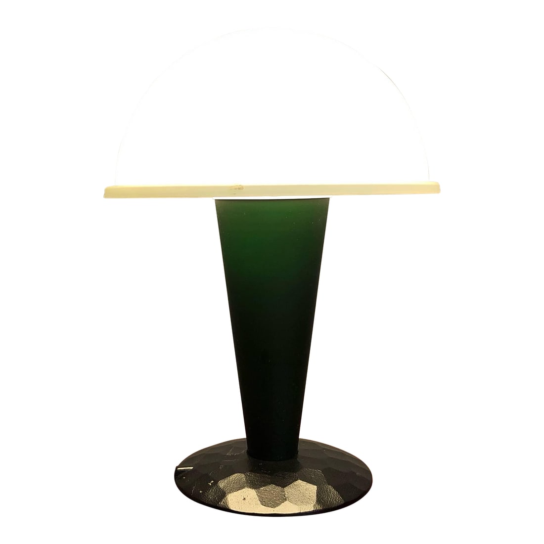Ron Rezek Dome Shade Table Lamp: Vintage post-modern table lamp by Ron Rezek circa 1980's, featuring a dark green brushed aluminum conical stem, black steel base, and frosted glass dome shade. The lamp's green stem looks almost