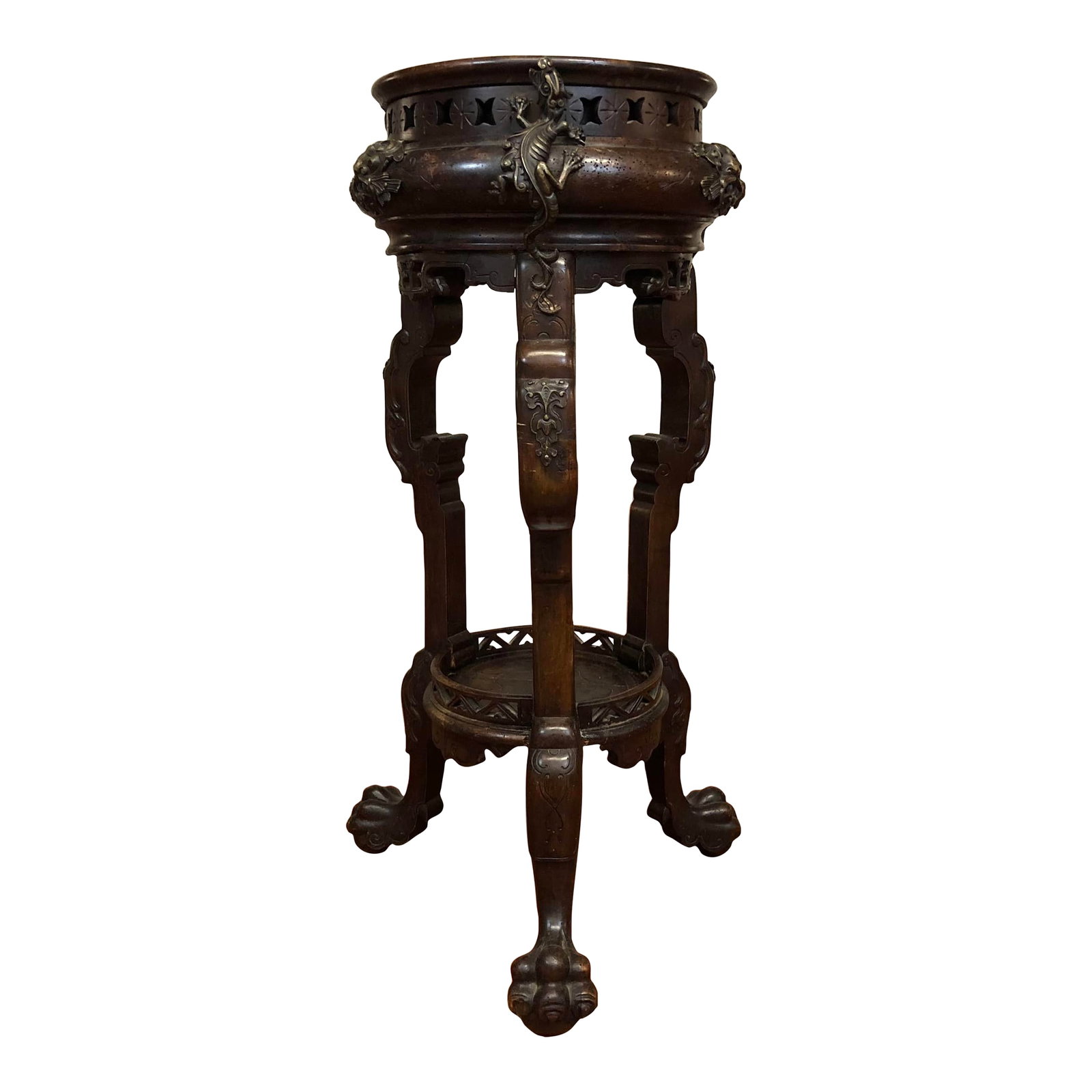 Antique Carved Wood and Metal 3 Legged Plant Stand (1 of 12)