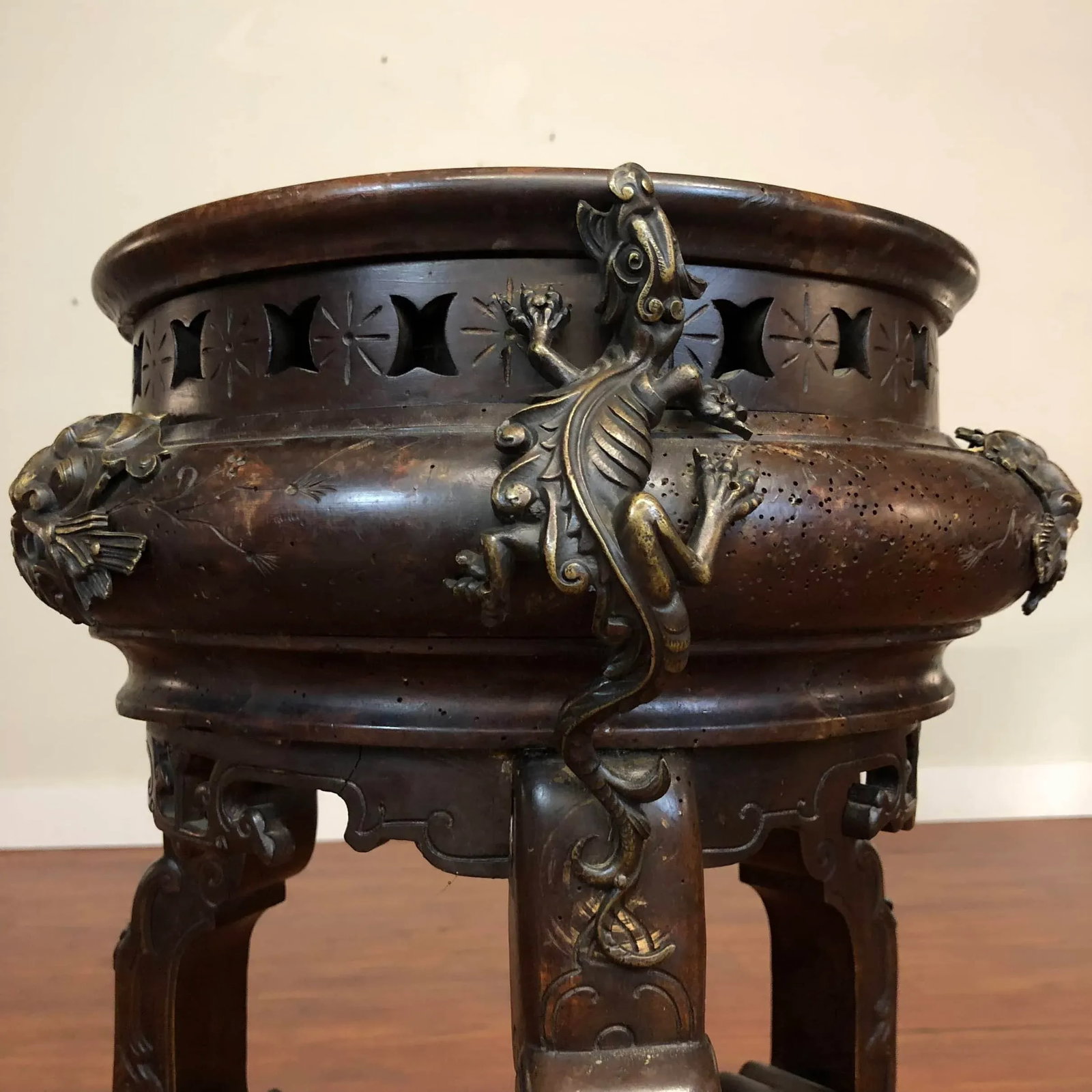 Antique Carved Wood and Metal 3 Legged Plant Stand - 2