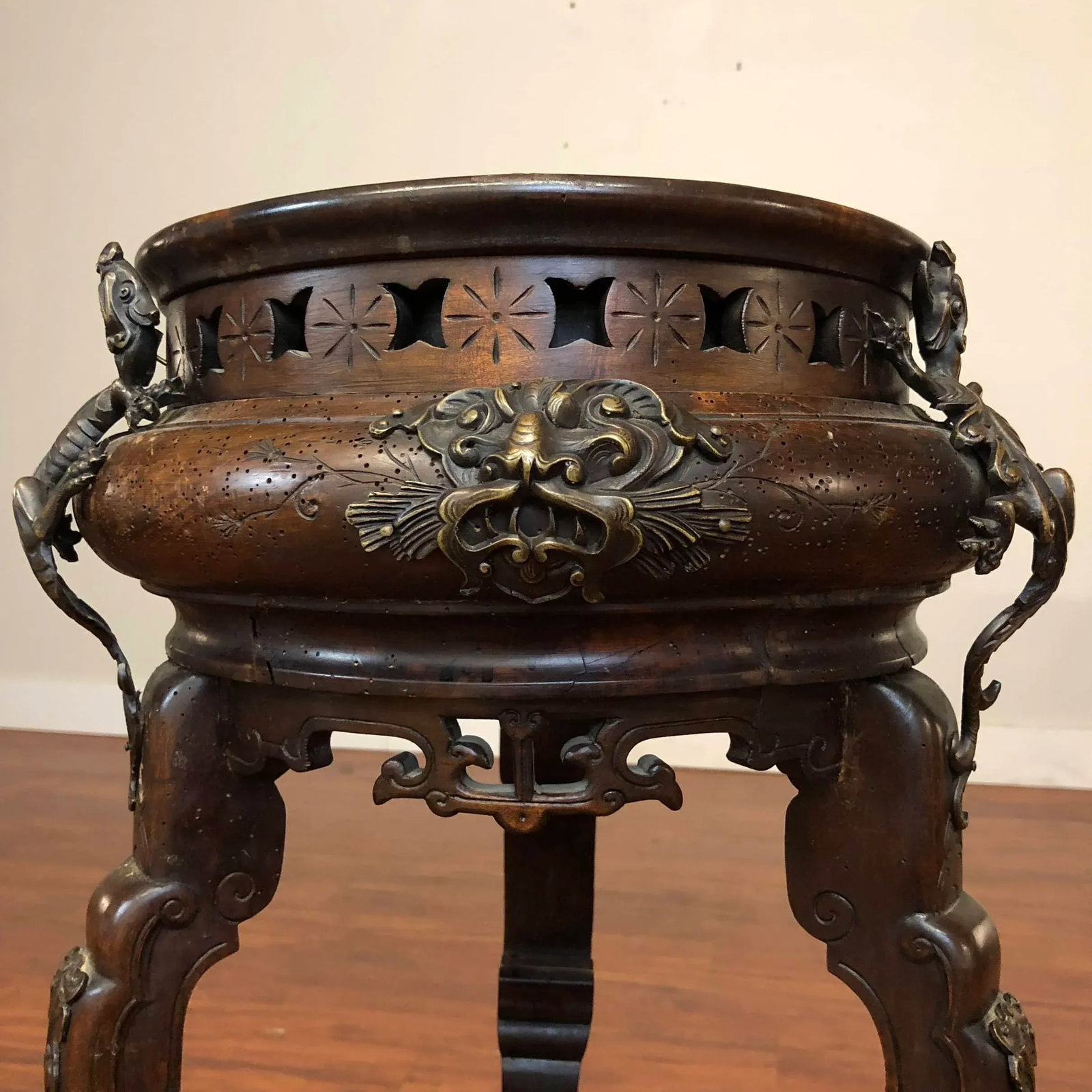 Antique Carved Wood and Metal 3 Legged Plant Stand - 4
