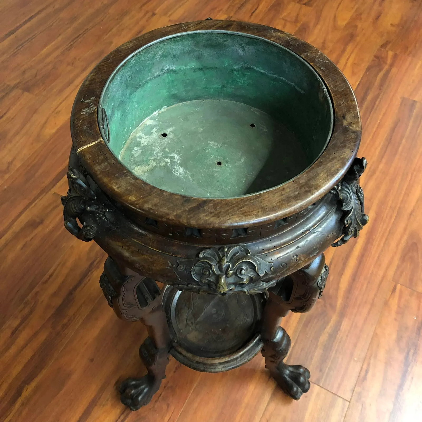 Antique Carved Wood and Metal 3 Legged Plant Stand - 5