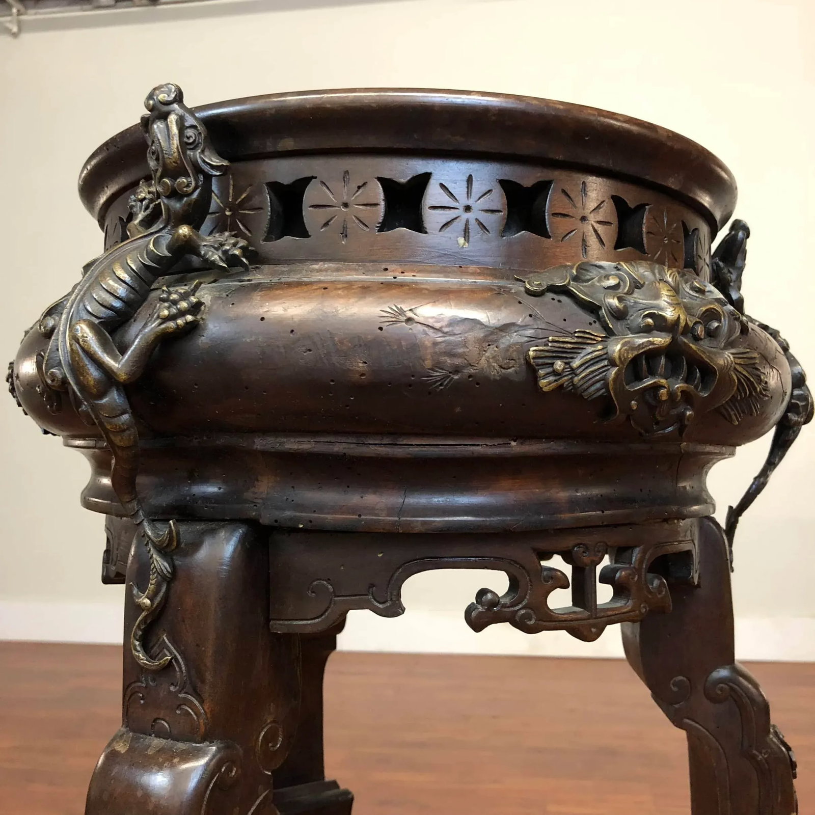 Antique Carved Wood and Metal 3 Legged Plant Stand - 6