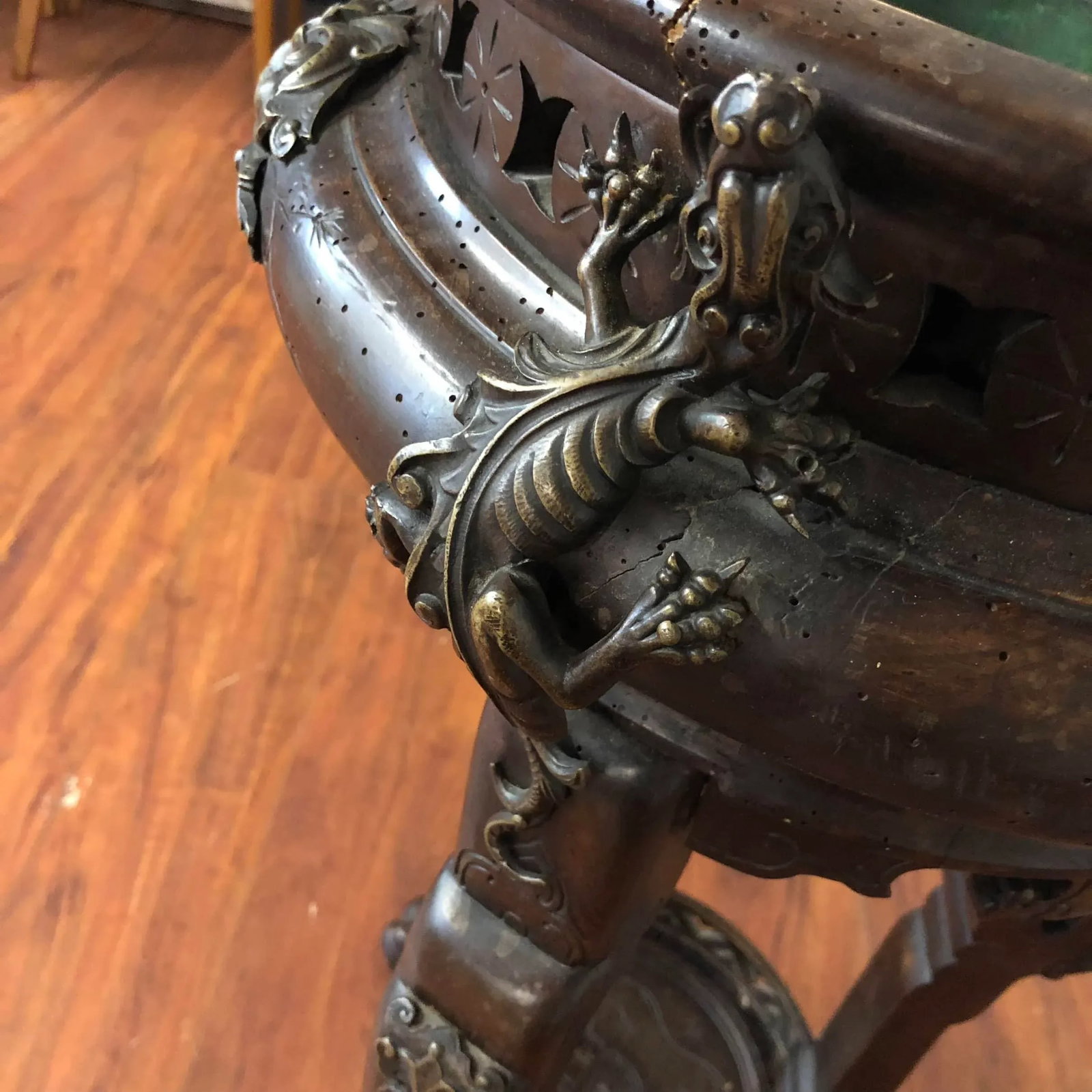 Antique Carved Wood and Metal 3 Legged Plant Stand - 7
