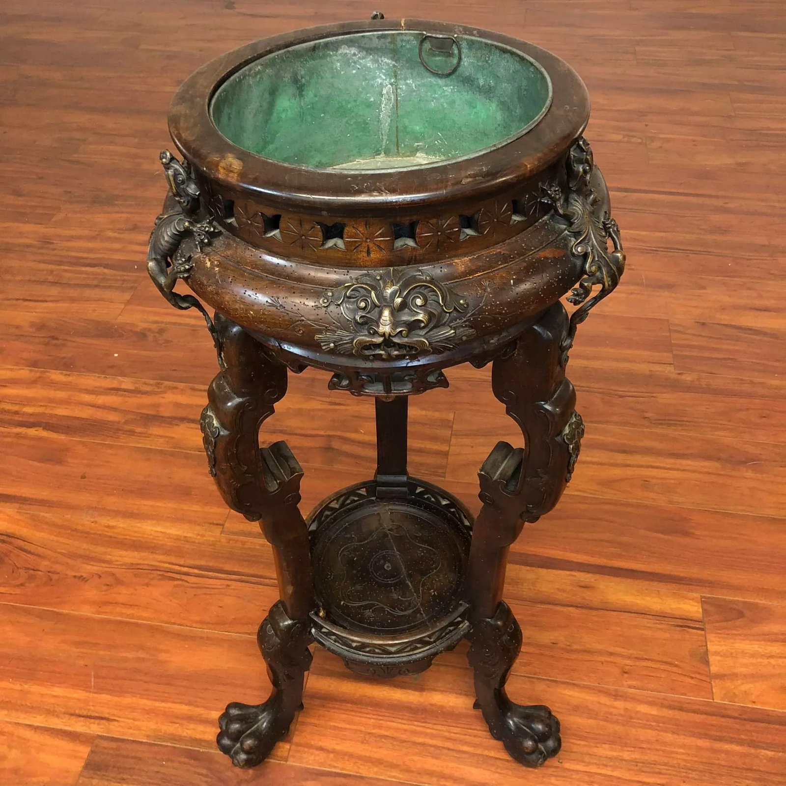 Antique Carved Wood and Metal 3 Legged Plant Stand - 8