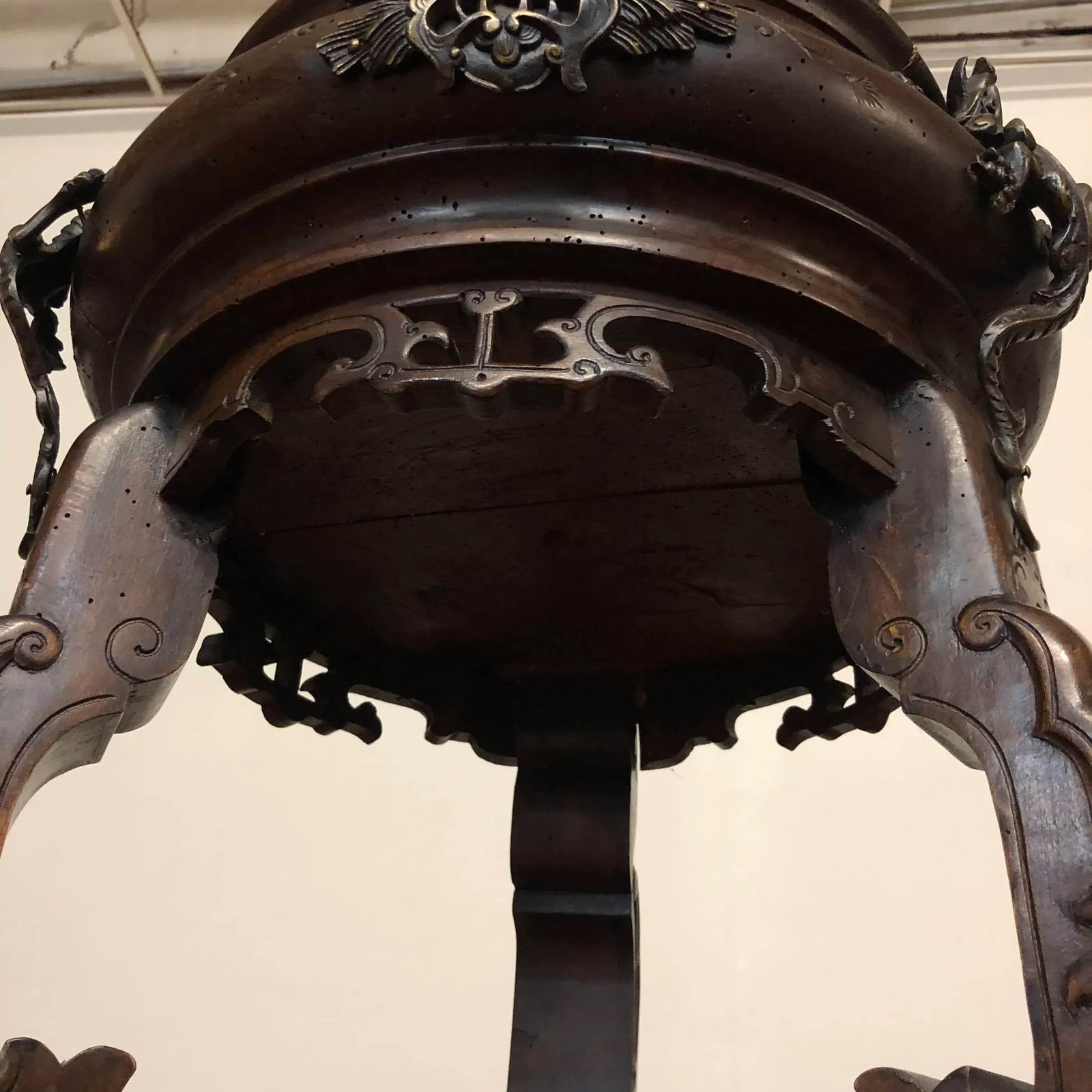 Antique Carved Wood and Metal 3 Legged Plant Stand - 9