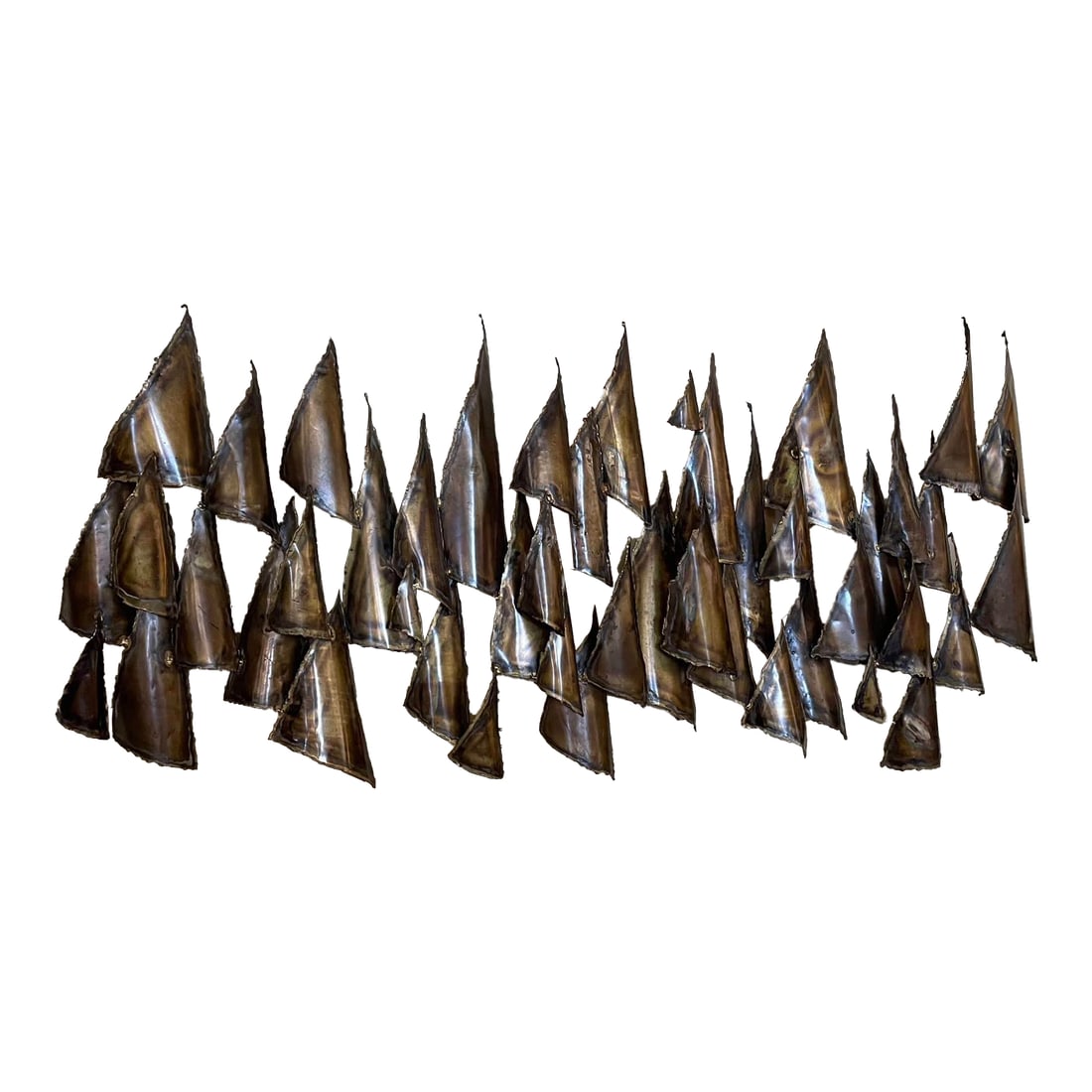 Striking Large Mid-Century Modern Metal Wall Sculpture "” Abstract Sails: Bring a bold artistic statement to your space with this large, stunning hand-forged metal wall sculpture. Featuring a captivating array of abstract sailboat forms, this piece captures the energy and m