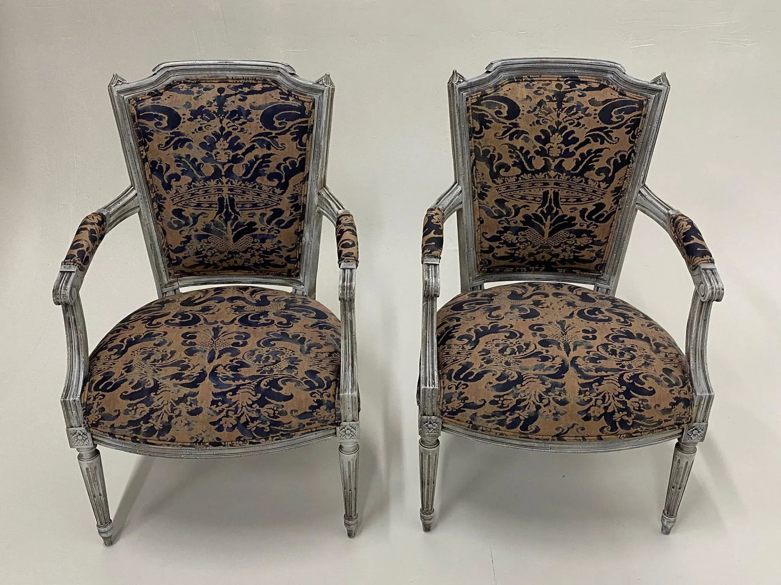 Painted French Armchairs With Fortuny Upholstery - 6