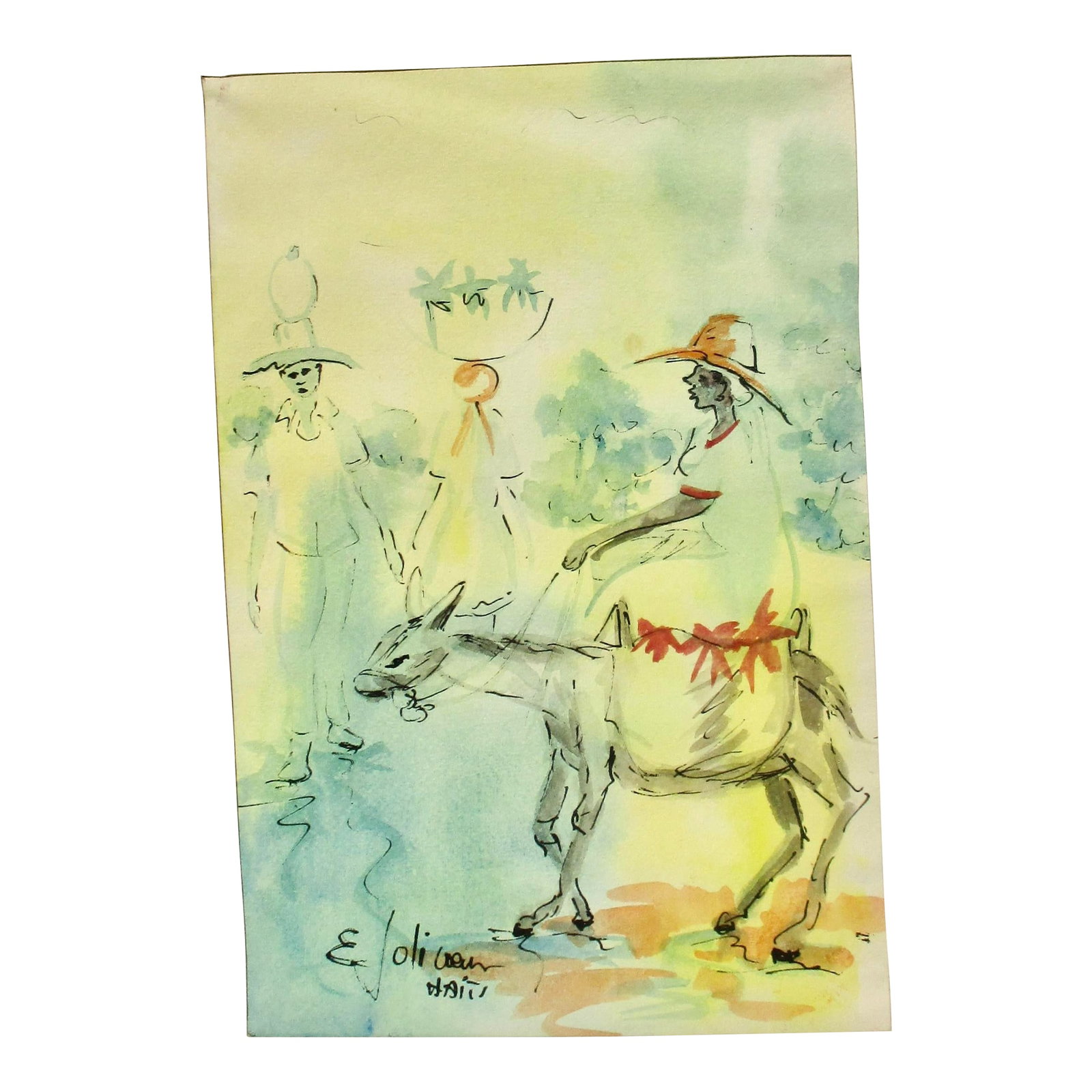 Emmanuel Jolicoeur Watercolor Sketch of Haiti: Emmanuel Jolicoeur watercolor from Haiti, circa 60s. Emmanuel Jolicoeur was born in 1928 and has no known death date. The sketch, beautifully crafted and colored, of Haitian women as they move about