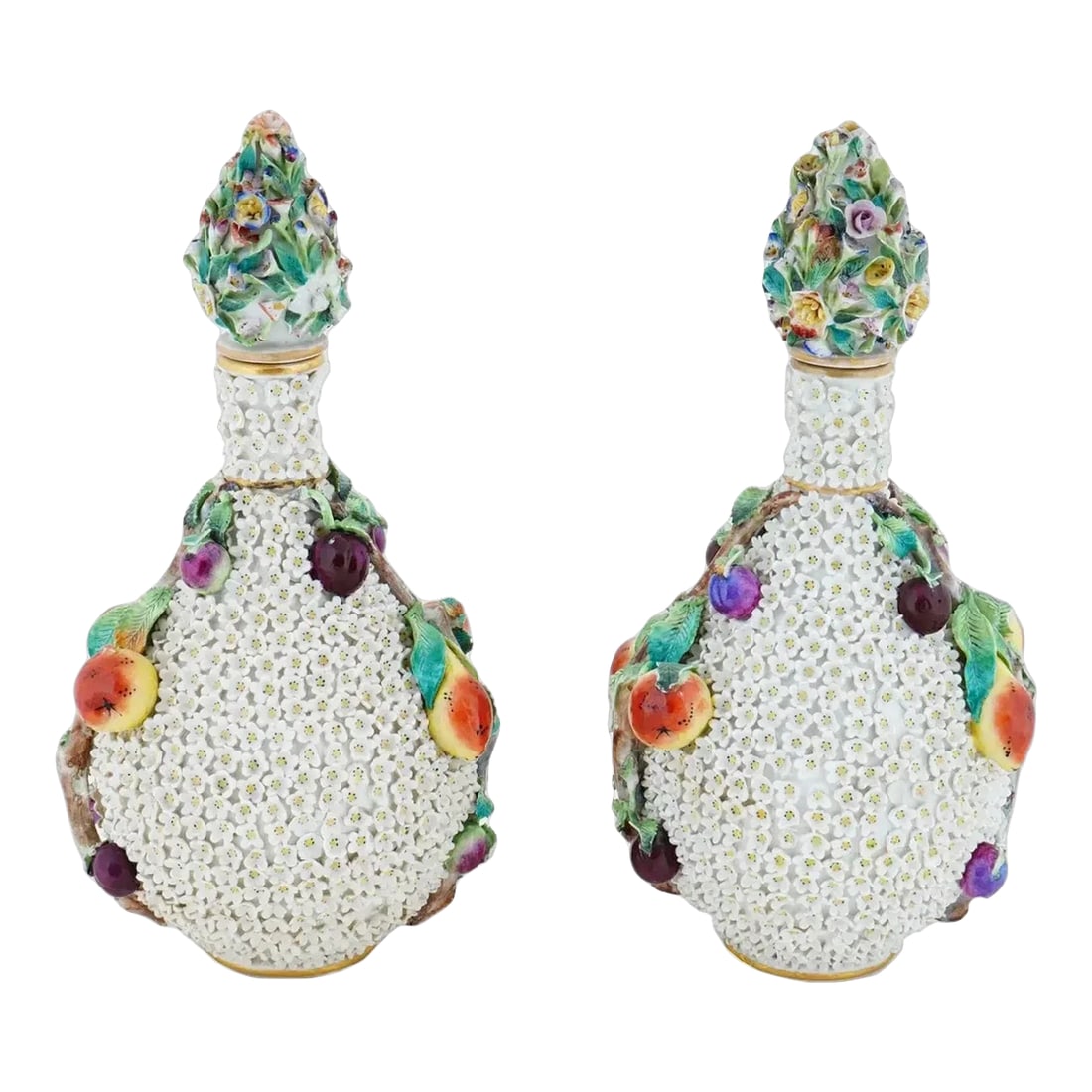 Antique Meissen Manner Snowball Porcelain Vases- Set of 2: A pair of antique German Meissen manner Schneeballen Snowball lidded bottle vases. Each vase has a gilt vermiculite neck, applied white florals, and applied branches with fruits, on the sides. The lid