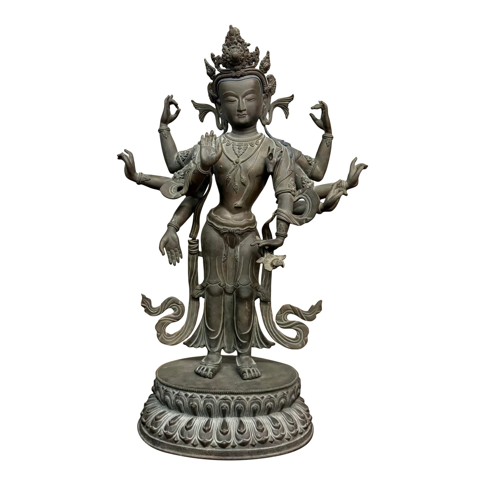 Bronze Eight-Armed Bodhisattva Statue From Nepal: A striking and spiritually resonant piece, this handcrafted eight-armed Bodhisattva statue from Nepal is cast in solid bronze and stands atop a double lotus pedestal. Each of the eight arms is