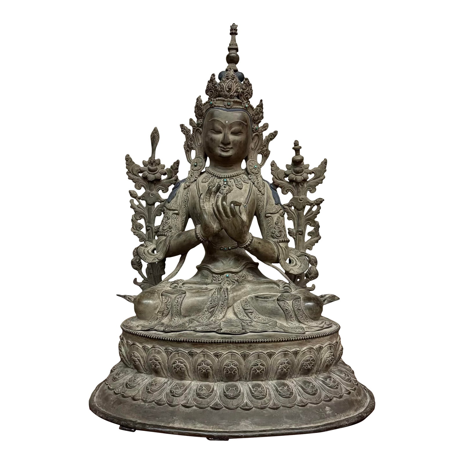 Large Vintage Nepalese Bronze Tara Statue: A beautifully detailed vintage bronze statue of Tara from Nepal, seated in the lotus position atop a double-lotus pedestal. This graceful two-armed depiction captures the serene and compassionate