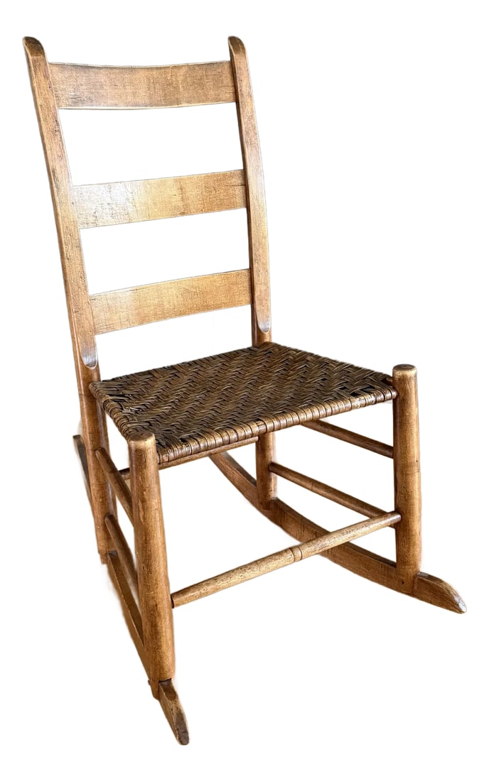 Small Antique Wood Ladder Back Rocking Chair With Woven Seat: Antique 19th/20th century wood rocking chair with ladder back and woven reed seat. Wonderful addition to any room with lots of patina and character. Condition: Alterations: Original Condition