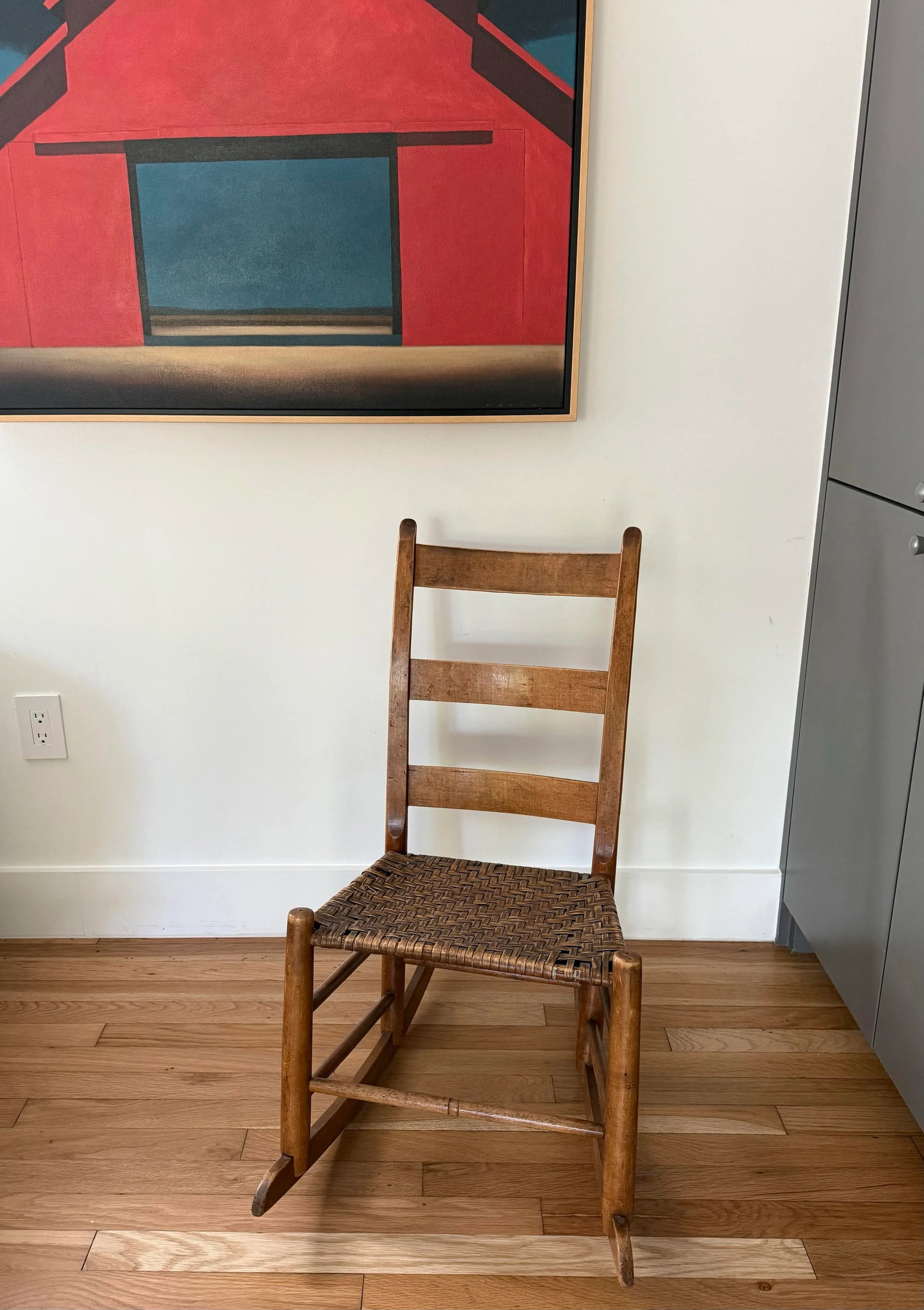 Small Antique Wood Ladder Back Rocking Chair With Woven Seat - 5