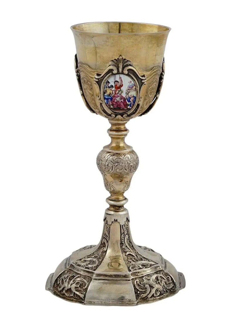 19th Century Gilt-Silver Communion Chalice With 3-Painted Enamel Miniatures - 3