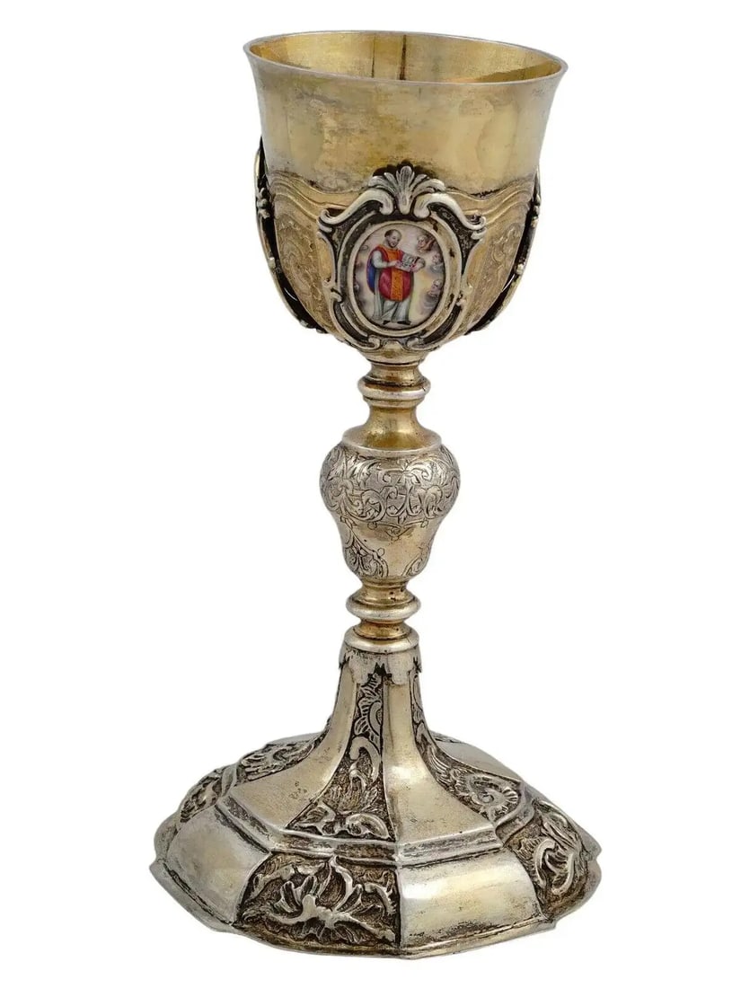 19th Century Gilt-Silver Communion Chalice With 3-Painted Enamel Miniatures - 4