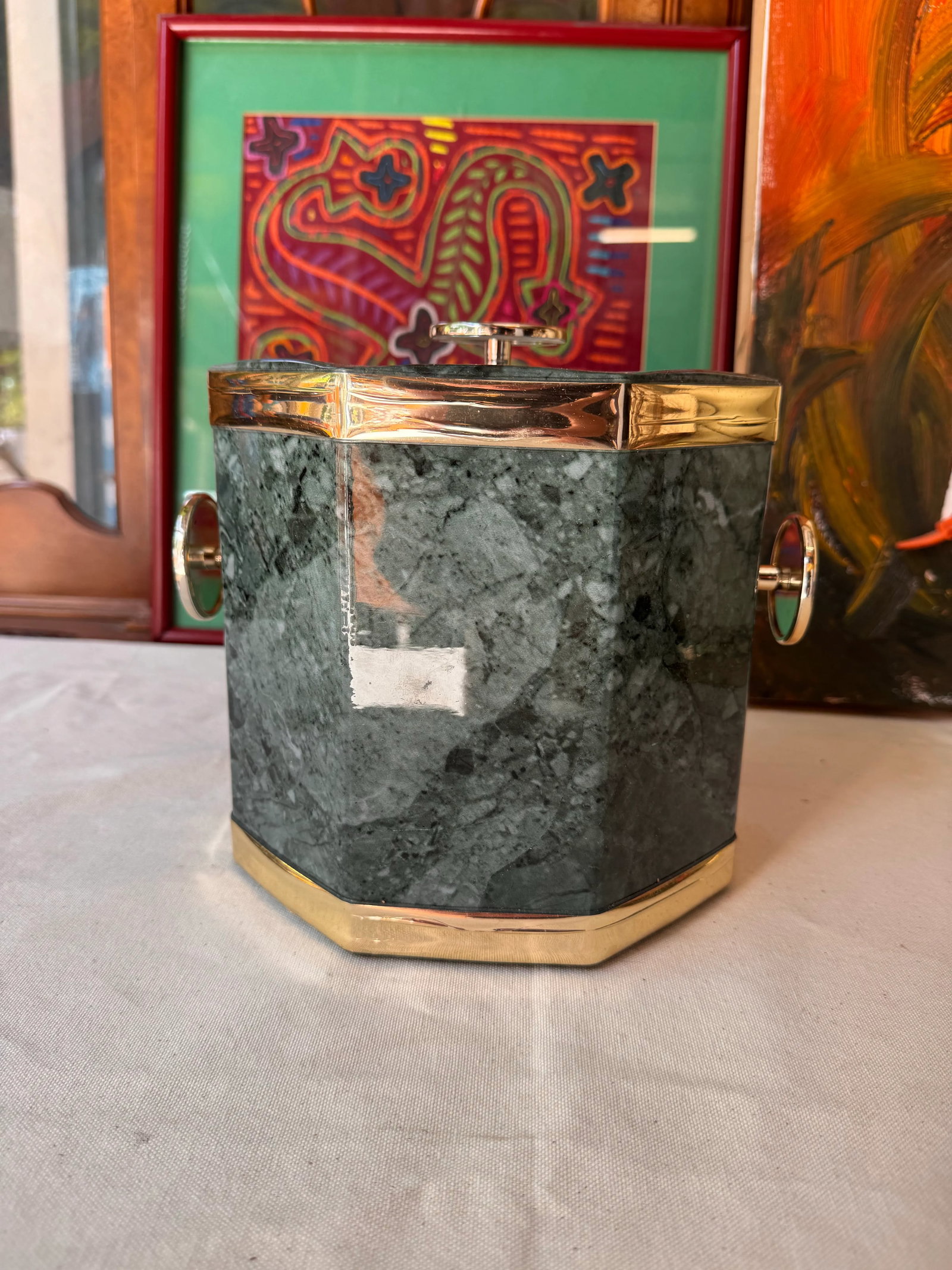 1970s Green Malachite Ice Bucket/Champagne Bucket With Gold Accents and Matching Lid - 2