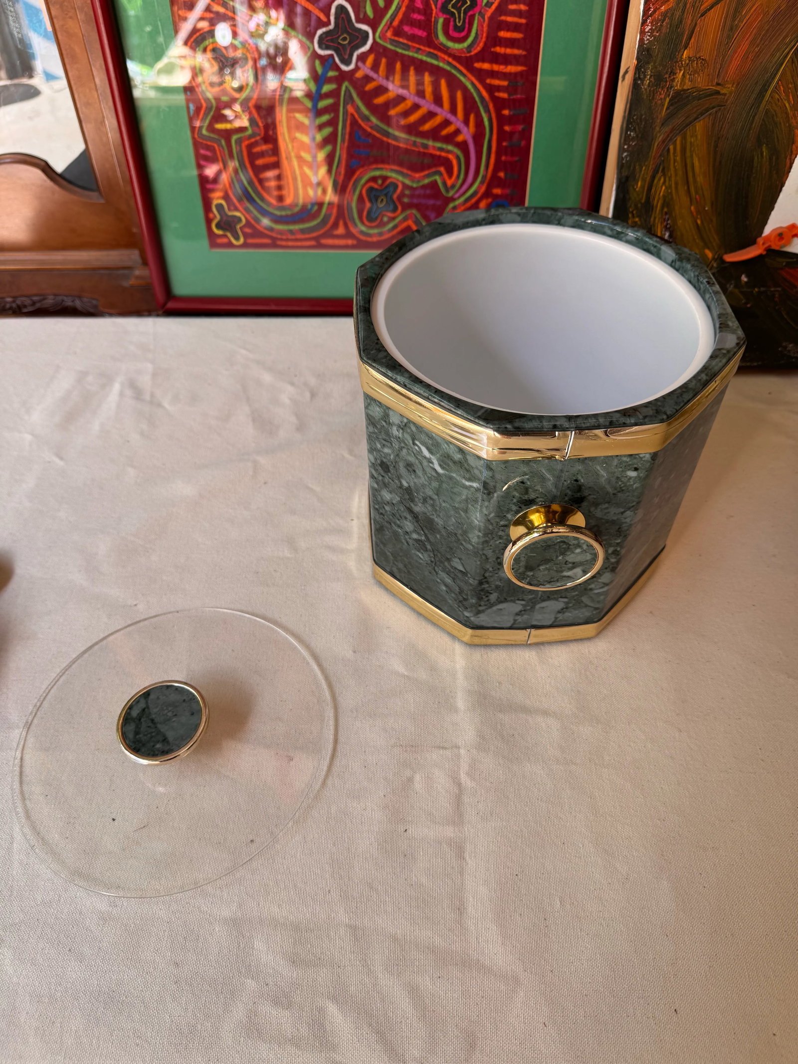 1970s Green Malachite Ice Bucket/Champagne Bucket With Gold Accents and Matching Lid - 4