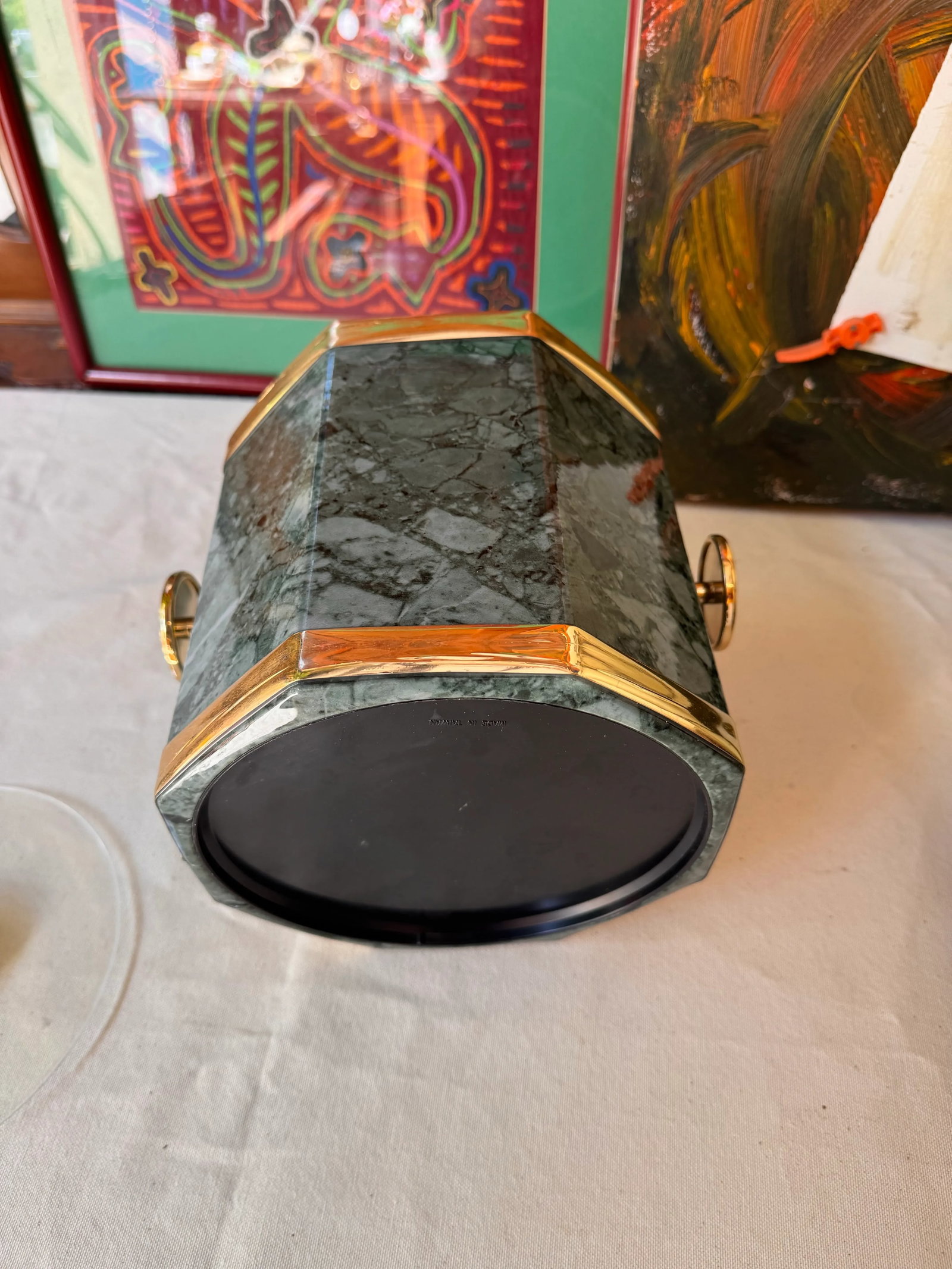 1970s Green Malachite Ice Bucket/Champagne Bucket With Gold Accents and Matching Lid - 5