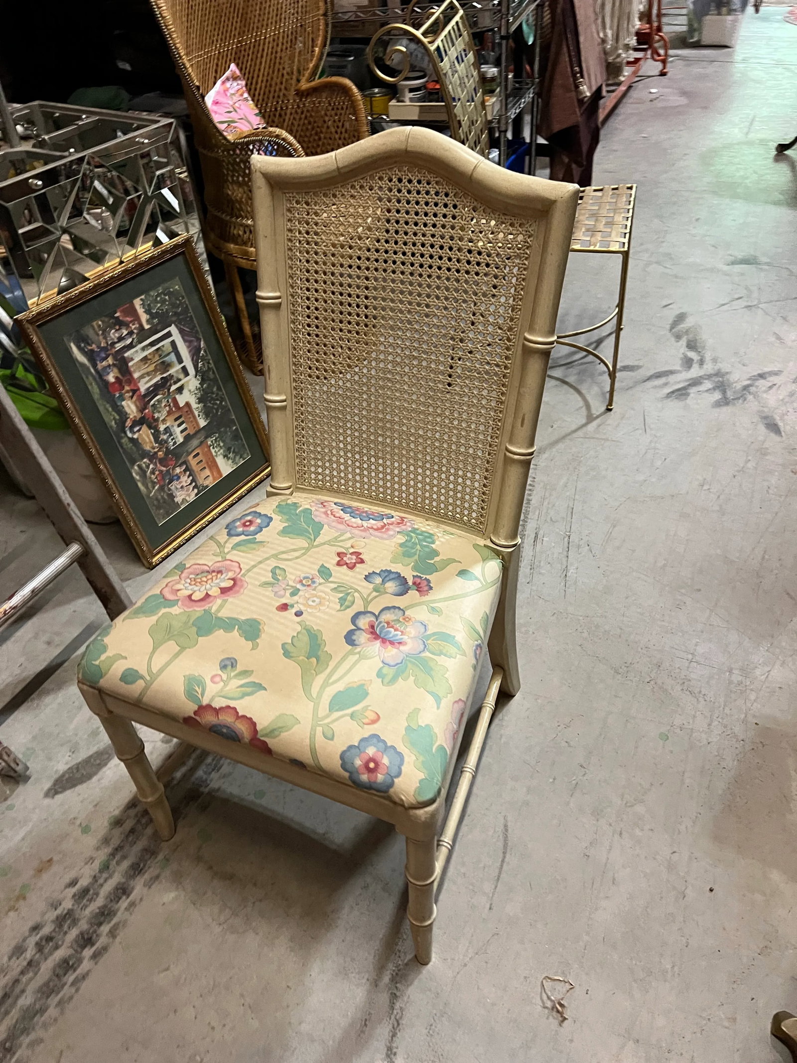 1970s Gold Canned Back Chair With Floral Cushion - 3