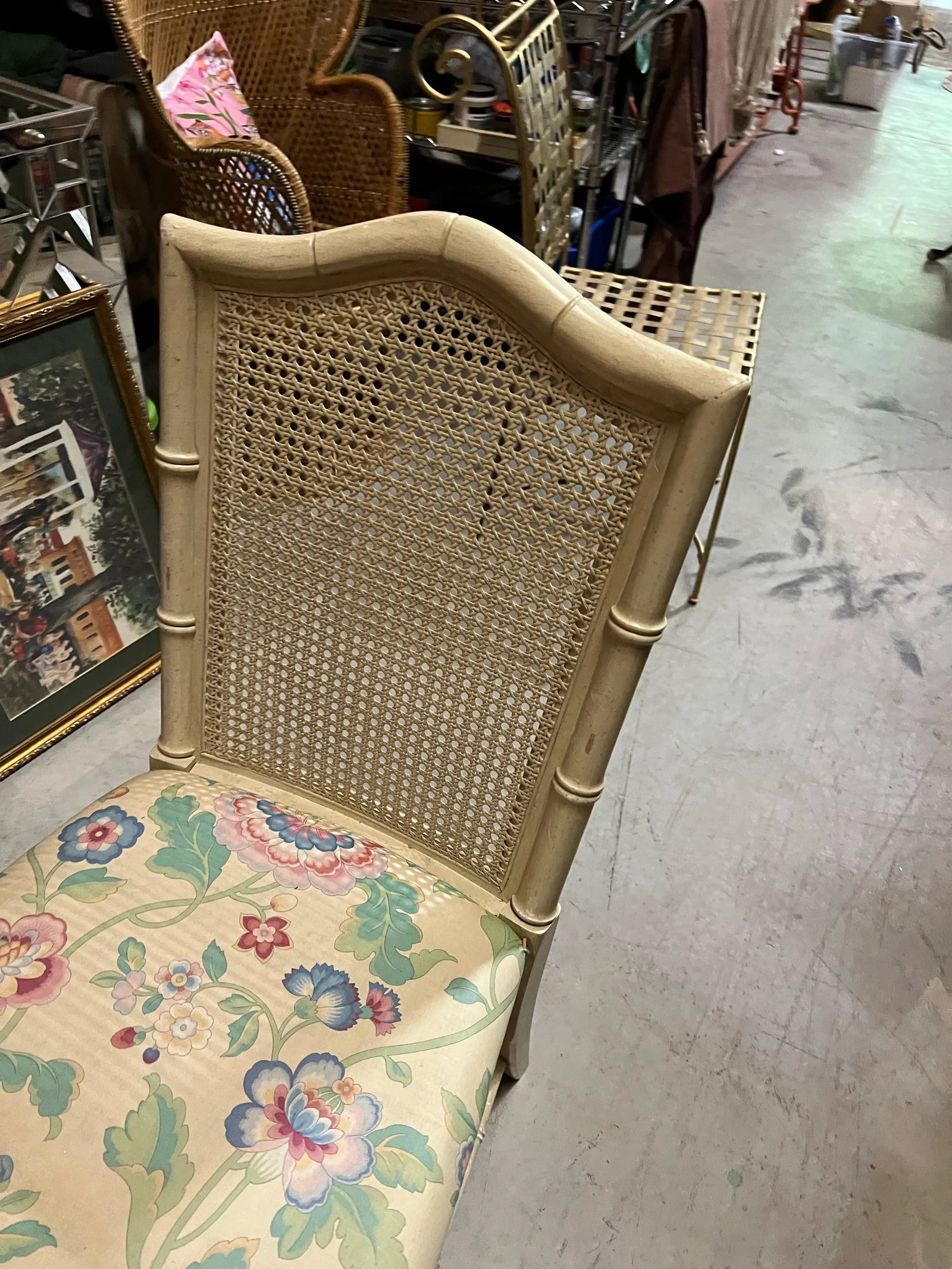 1970s Gold Canned Back Chair With Floral Cushion - 5