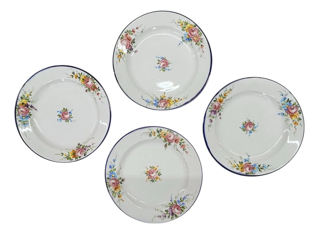 Bassano Floral Decorative Plates Made in Italy - Set of 4: Set of four vintage Bassano floral pattern decorative plates. Hand painted in colors of pink, blue, purple, yellow and green on a white background with dark blue rim. Each plate has two holes for the