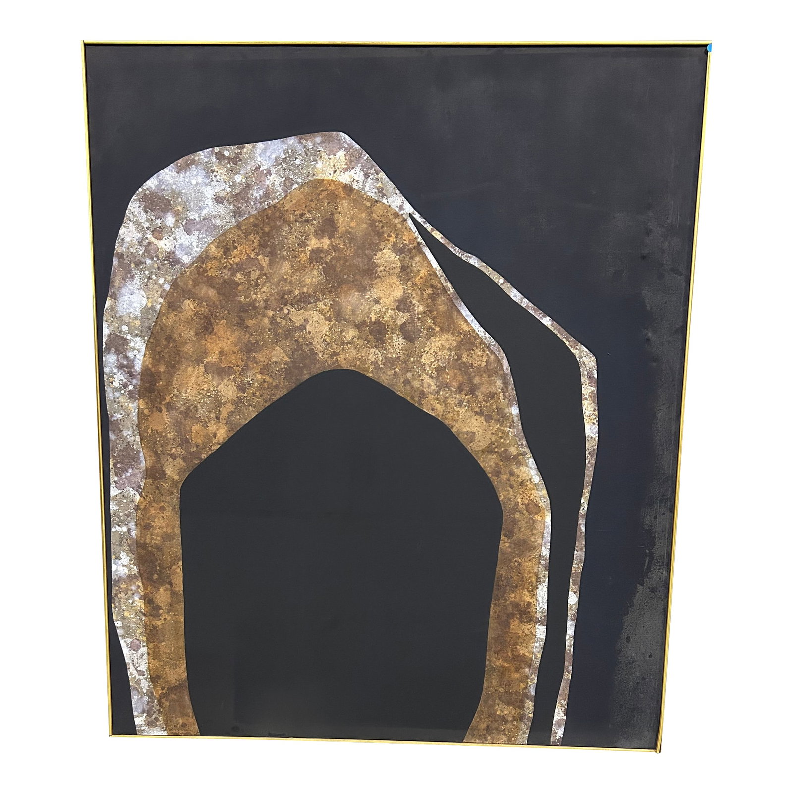 Canvas "The Cave" Painting by Listed Artist Thomas George: Vintage modern art by famous Princeton artist Thomas George, titled The Cave. Enormous in scale and powerful in its simplicity, having a limited color palette of black, brown, gold and grey. The effec