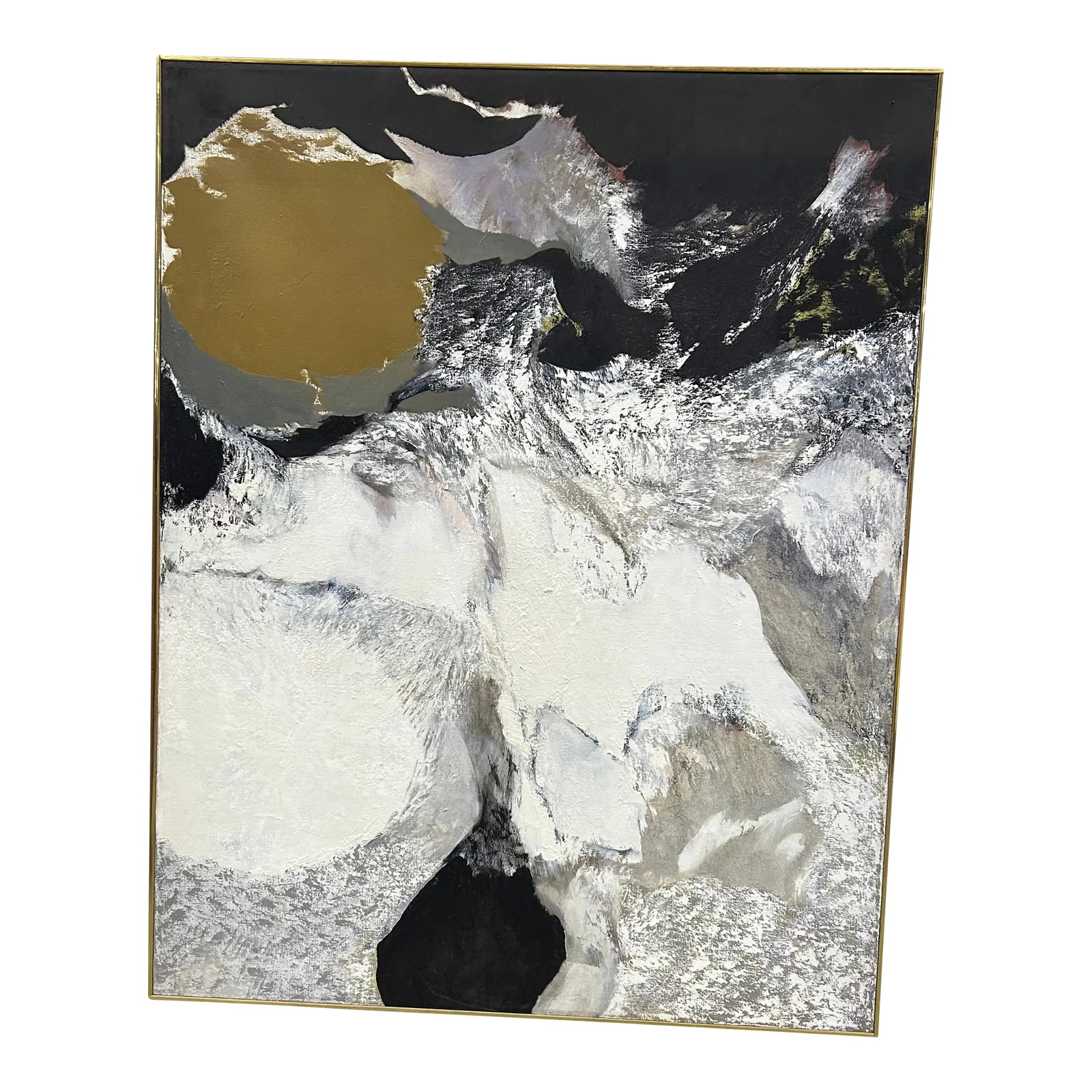 Monumental Abstract Painting by Thomas George: Powerful and monumental in scale, original abstract by famous Princeton artist Thomas George, having confident painterly composition with black white grey and olive green. Heavy impasto, signed lower 