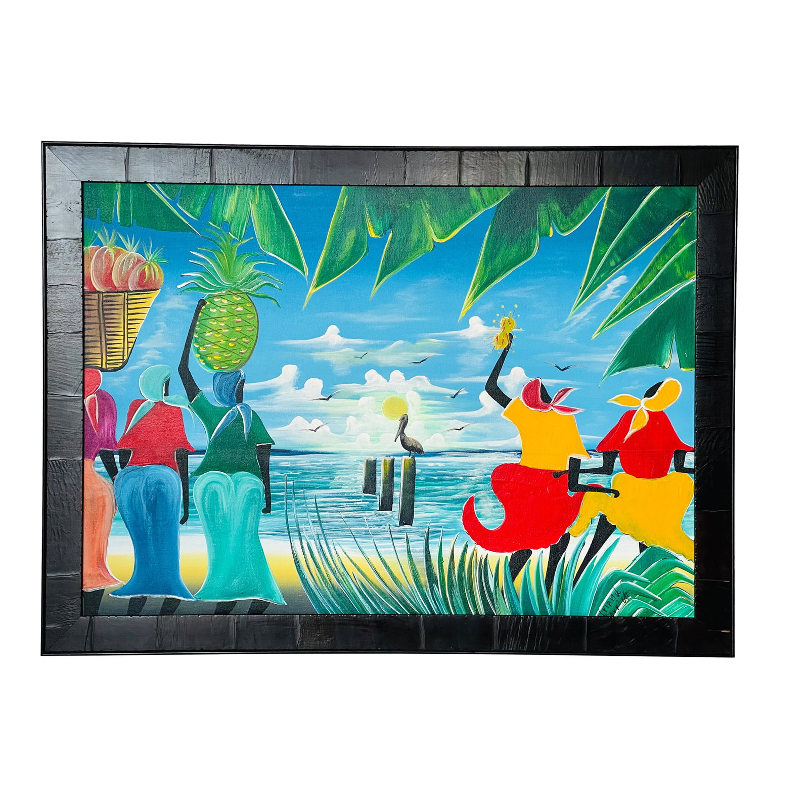 1960s Vibrant Haitian Coastal Painting on Canvas Signed, Framed: Vintage vibrant Haitian acrylic on canvas painting, signed and dated lower right. Professionally framed. Condition: Alterations: Original Condition Unaltered Imperfections: Some Imperfections
