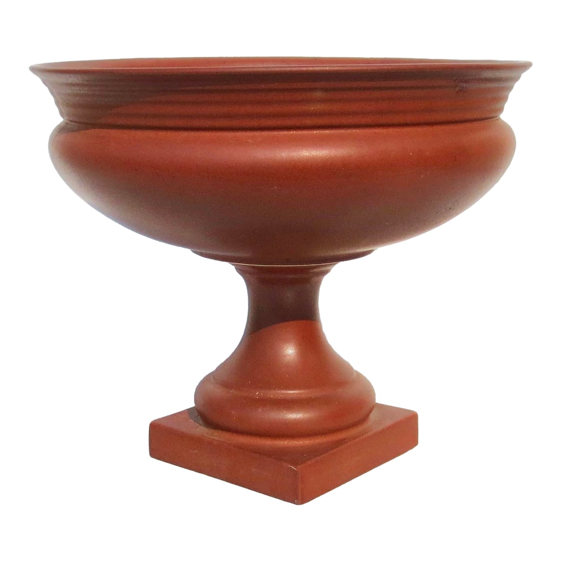 Ceramic Terra Cotta Pedestal Vase: Mid-20th-century ceramic footed garden urn vase, Classic square plinth under a turned foot and pedestal rising to a wide shallow bowl. Cast in two parts and set permanently with adhesive, The matt