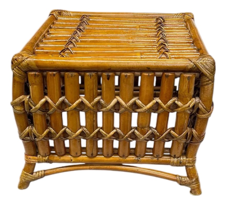 Vintage Bamboo Bombay Style Footstool: Vintage Coastal Bamboo footstool or plant stand. Tropical, coastal, easy breezy addition to any room. Could also be used as a plant stand. Measures 13.25" square by 10.25" h. Condition: Alterations: