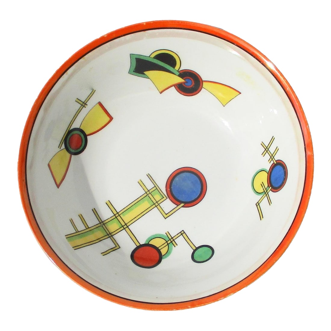 Art Deco Decorative Porcelain Bowl Antique 1920s': A Fine example of German Art Deco porcelain on display in this bowl. The diameter is 8.2" and 2.25" tall. Fine glazed colors in period iridescent around the red rim and the shadowing pale grey. All