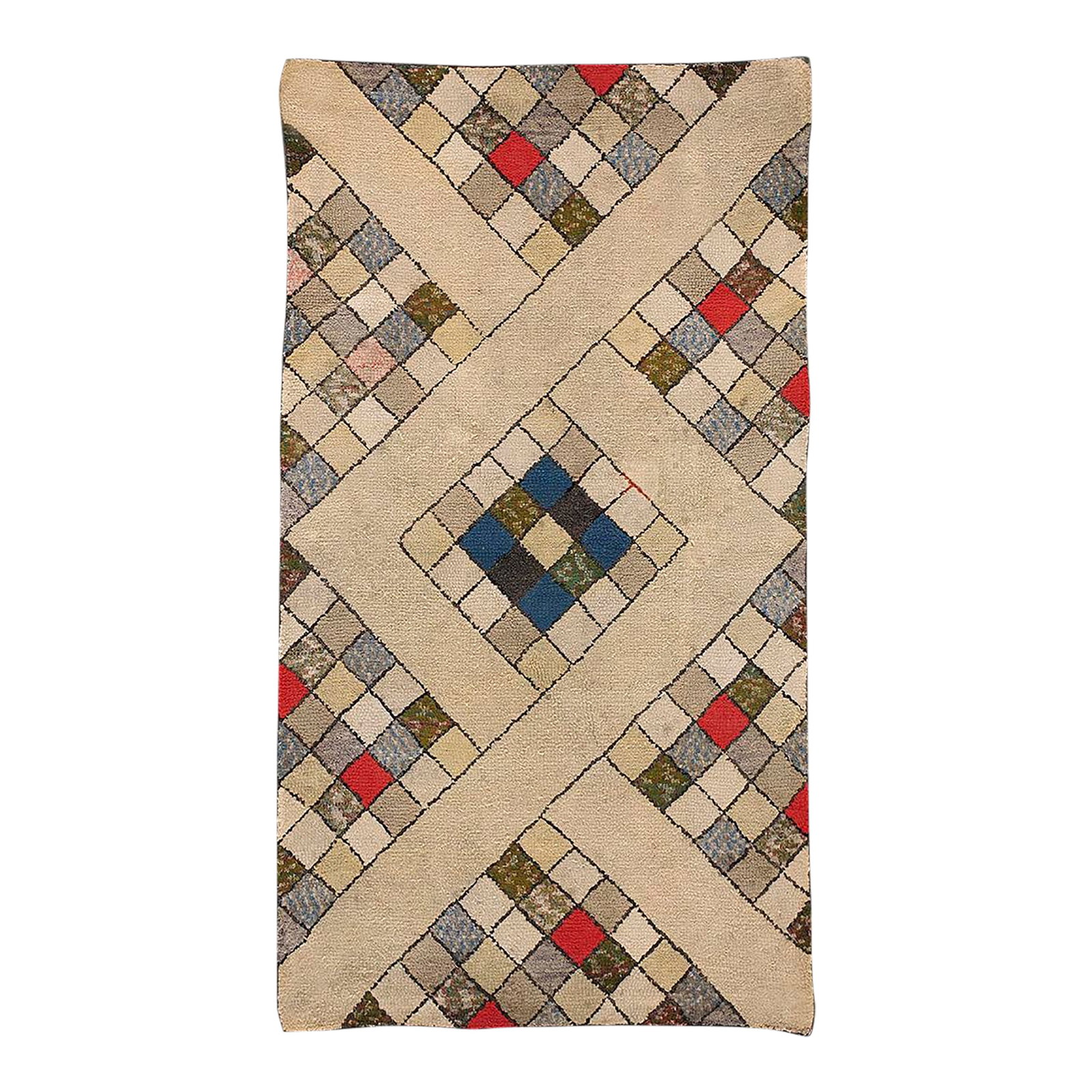 Fantastic Tan Beige Color and Interesting Rhombus Shapes Patters Antique American Hooked Rug, (1 of 8)