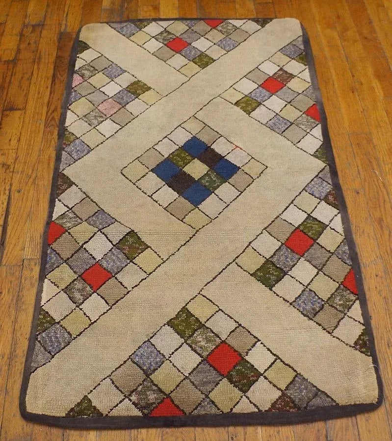 Fantastic Tan Beige Color and Interesting Rhombus Shapes Patters Antique American Hooked Rug, - 2
