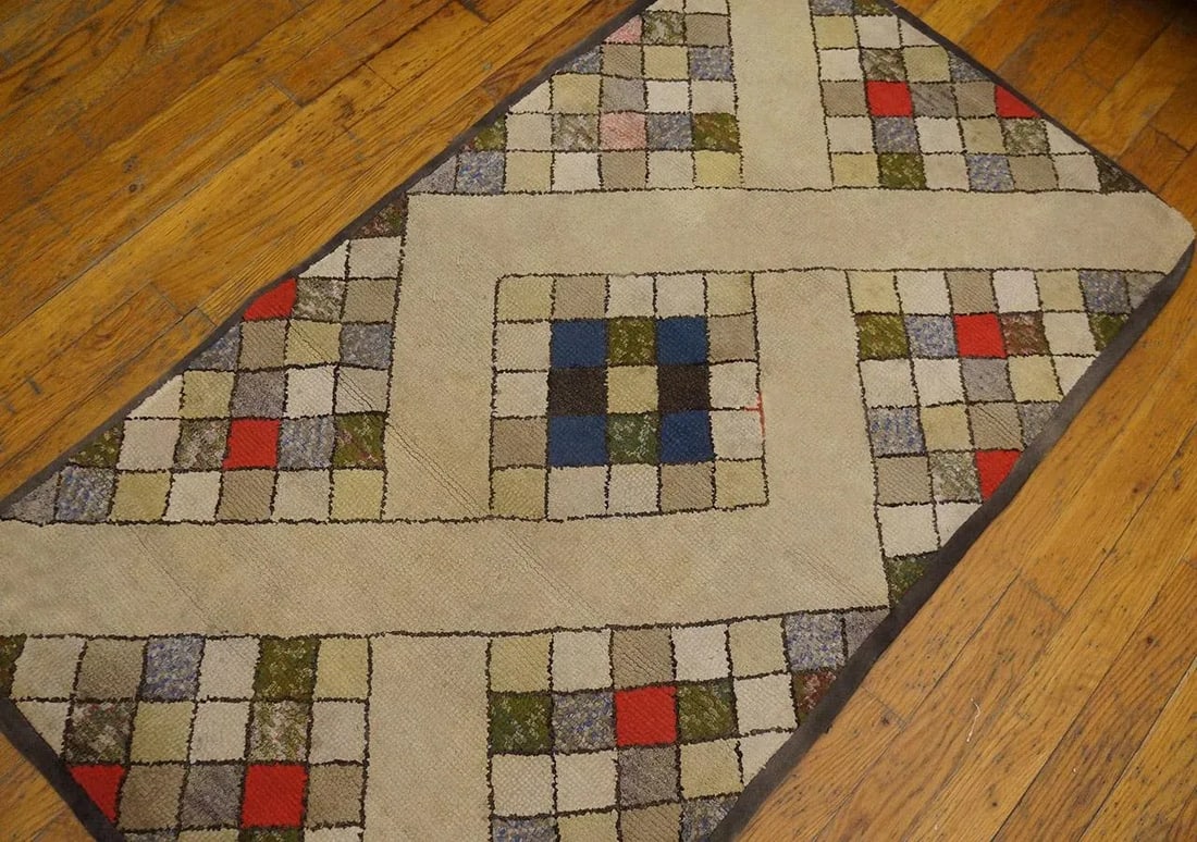 Fantastic Tan Beige Color and Interesting Rhombus Shapes Patters Antique American Hooked Rug, - 3