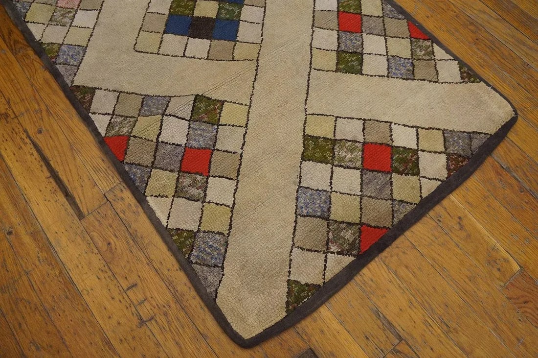 Fantastic Tan Beige Color and Interesting Rhombus Shapes Patters Antique American Hooked Rug, - 4