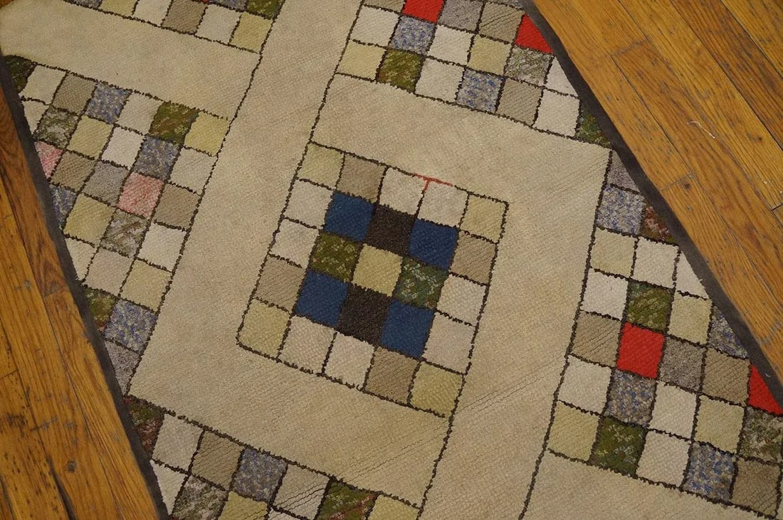 Fantastic Tan Beige Color and Interesting Rhombus Shapes Patters Antique American Hooked Rug, - 5