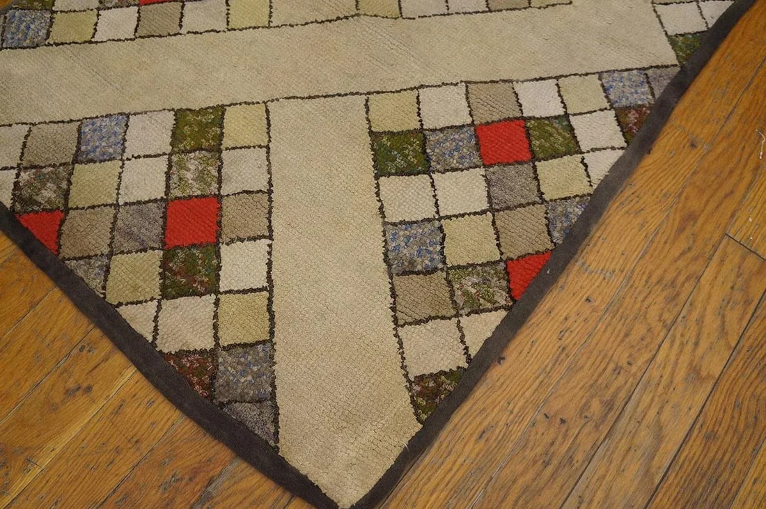 Fantastic Tan Beige Color and Interesting Rhombus Shapes Patters Antique American Hooked Rug, - 6