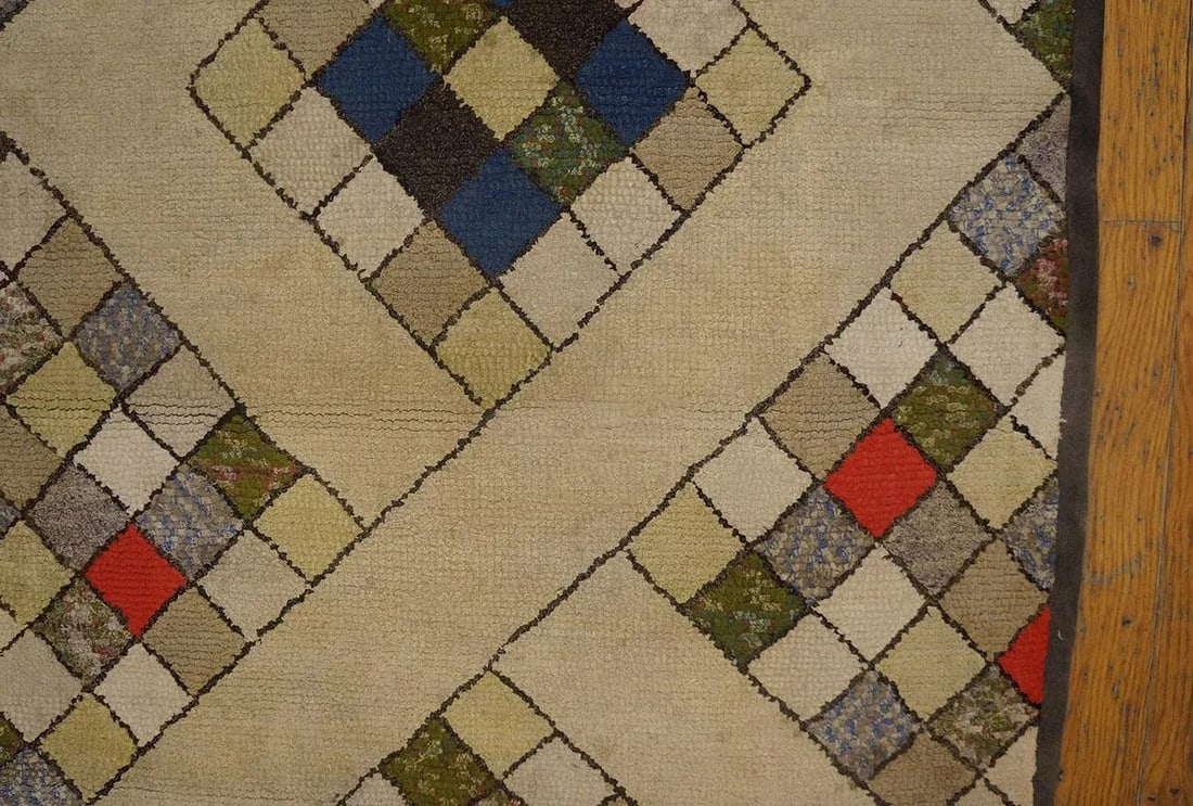 Fantastic Tan Beige Color and Interesting Rhombus Shapes Patters Antique American Hooked Rug, - 7