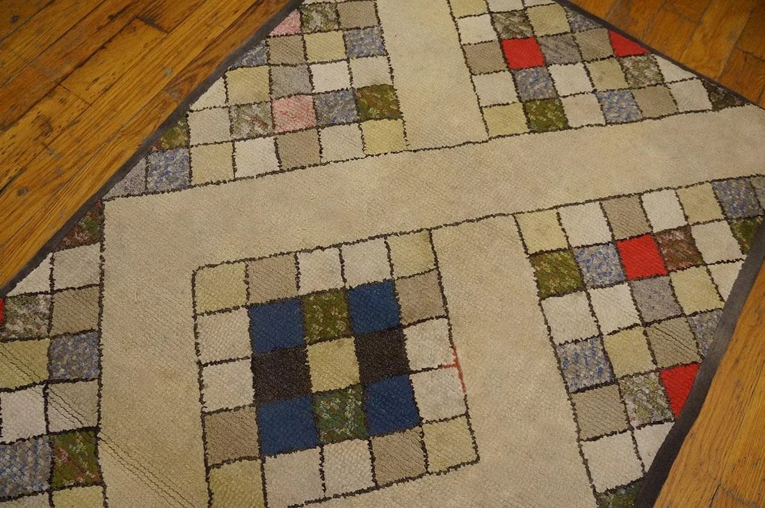 Fantastic Tan Beige Color and Interesting Rhombus Shapes Patters Antique American Hooked Rug, - 8