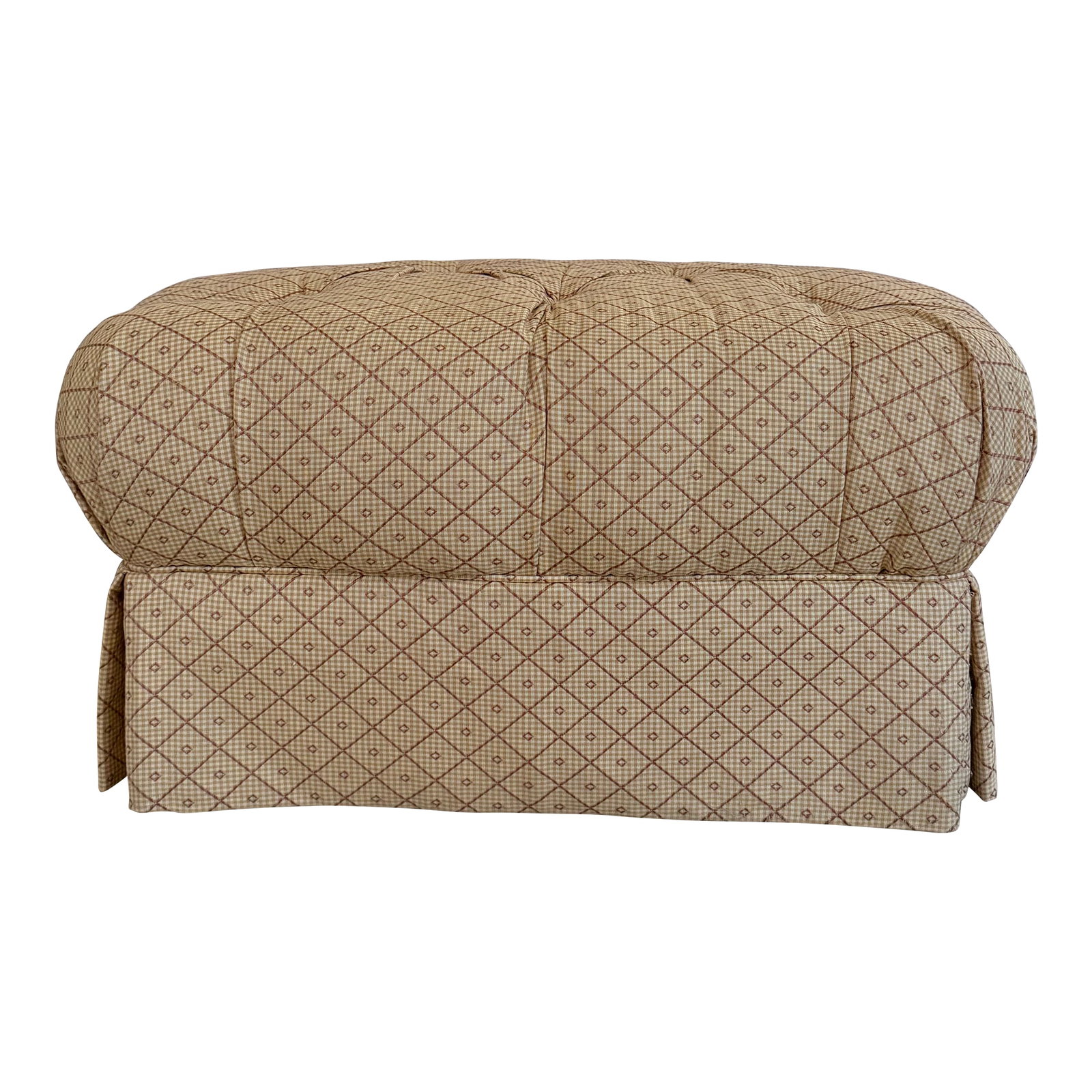 Tufted Ottoman: Simple tufted ottoman upholstered in goldenrod and rust lattice fabric. Features a box pleated skirt. 32"W x 23.5"D x 17"H 7.75" clearance Condition: Alterations: Original Condition Unaltered