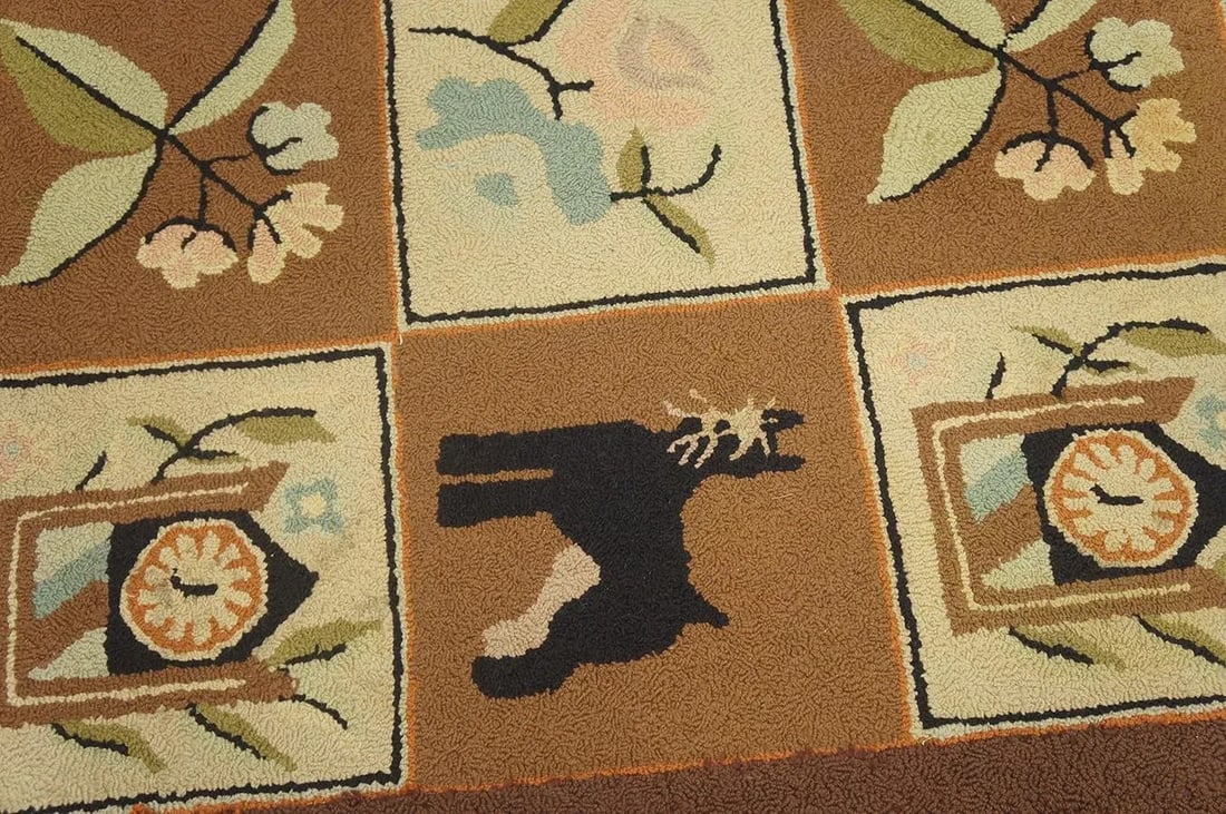 1970s Brown Vintage Animal Design Folk Art American Hooked Carpet Wool Rug - 10