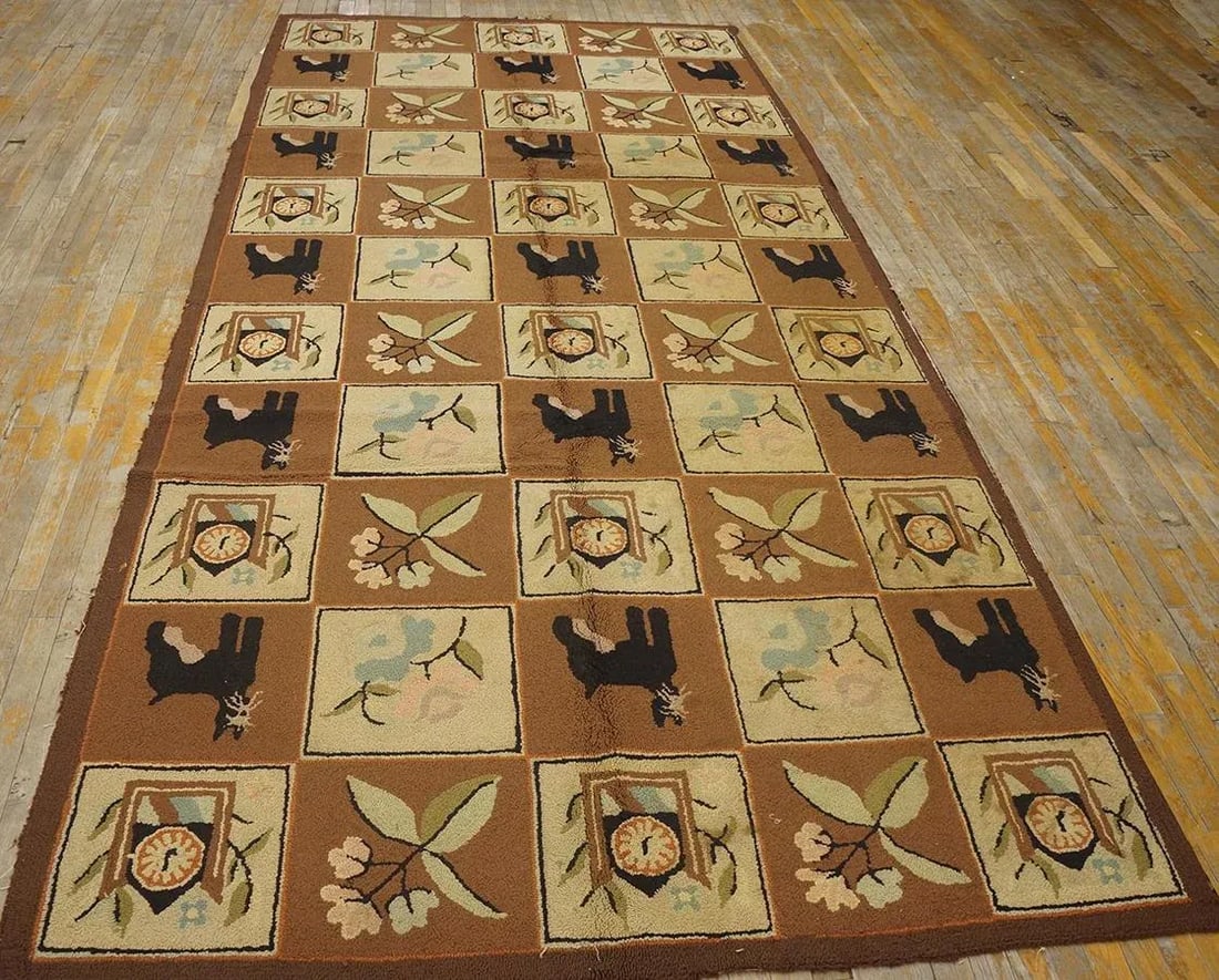 1970s Brown Vintage Animal Design Folk Art American Hooked Carpet Wool Rug - 12