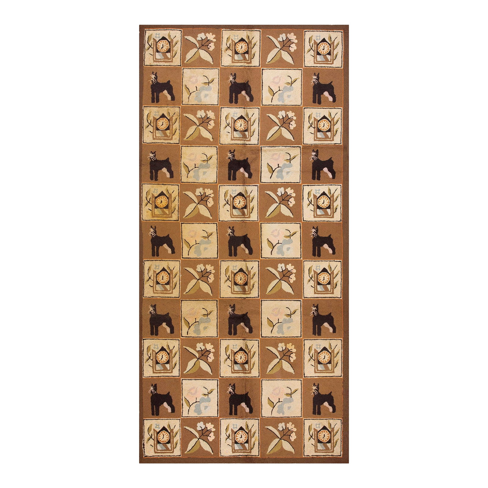 1970s Brown Vintage Animal Design Folk Art American Hooked Carpet Wool Rug: Vintage 1970s Hooked Rug 6' x 12'6" - 183 x 381 cm) intage 1970s Hooked Rug 6' x 12'6" - 183 x 381 cm) Vintage American Hooked Rug American Ivory 1970s, Circa Date: 1970s. This charming piece is a sup