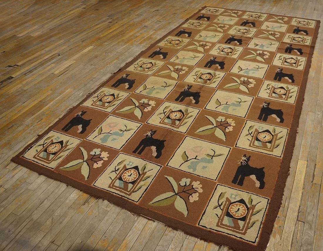 1970s Brown Vintage Animal Design Folk Art American Hooked Carpet Wool Rug - 2