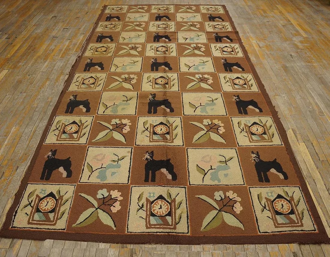 1970s Brown Vintage Animal Design Folk Art American Hooked Carpet Wool Rug - 3