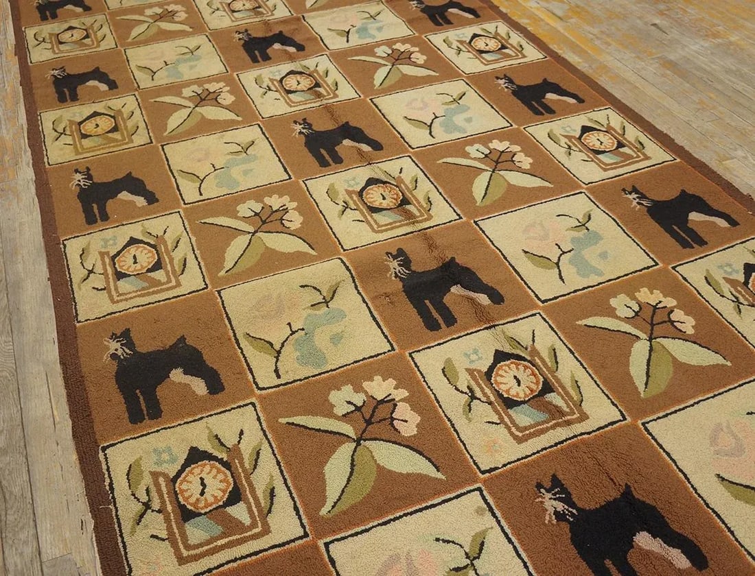 1970s Brown Vintage Animal Design Folk Art American Hooked Carpet Wool Rug - 4